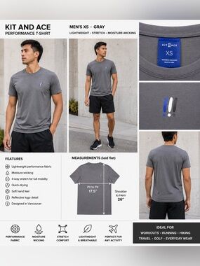 Kit and Ace Gray Performance Crew Neck T-Shirt XS Short Sleeve Stretch Technical